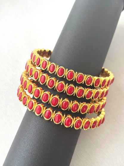 Gold Plated Red Coral Bangles - Set of 2