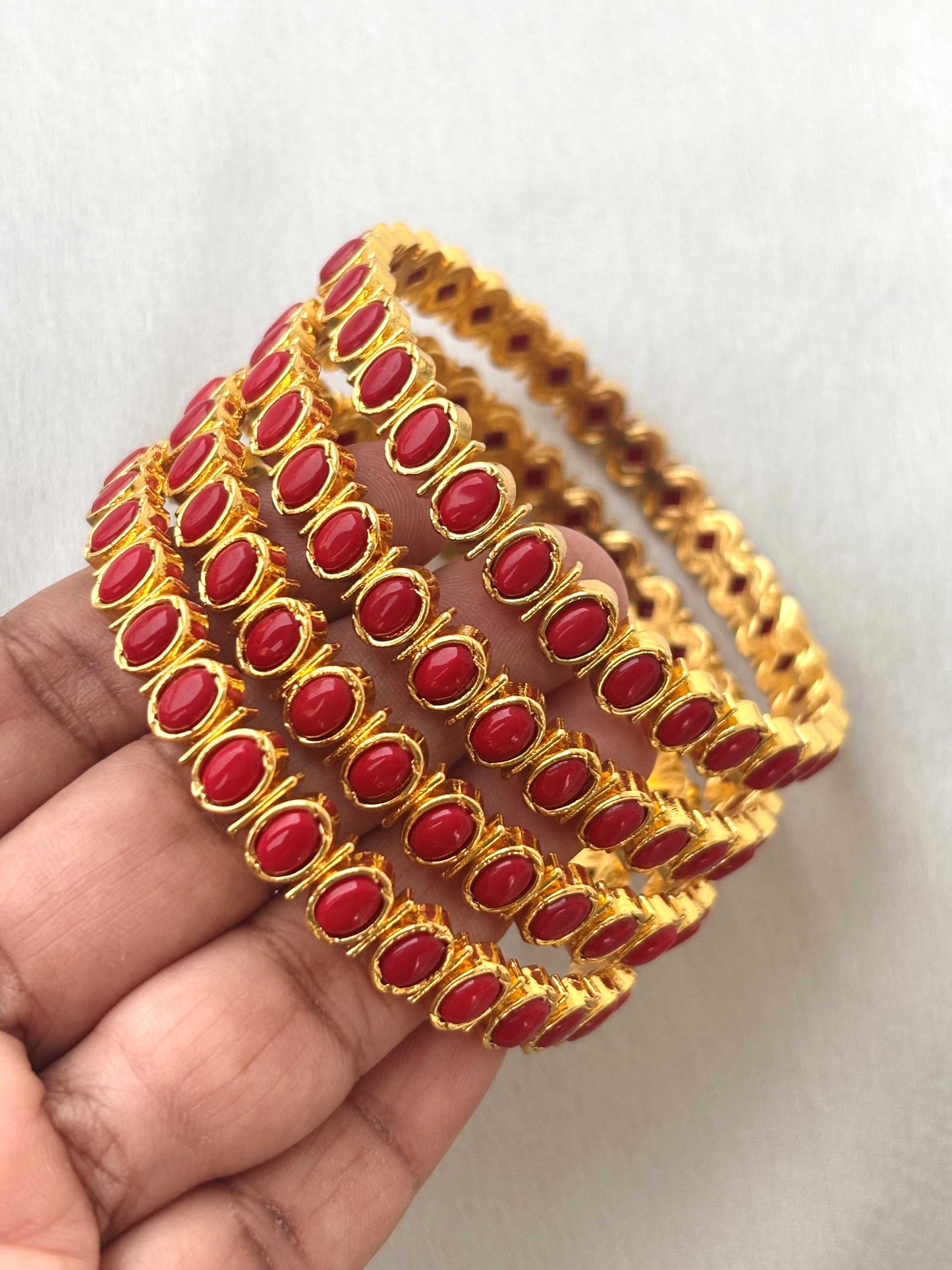 Gold Plated Red Coral Bangles - Set of 2