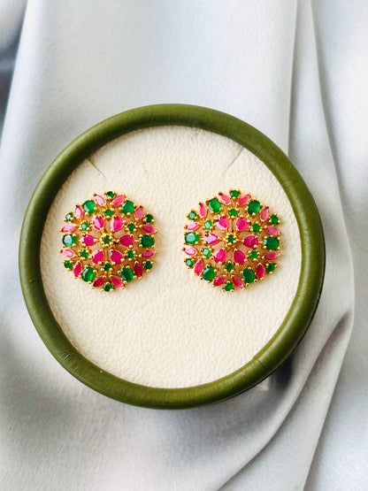 Gold Plated Pink and Green Stone Cluster Studs