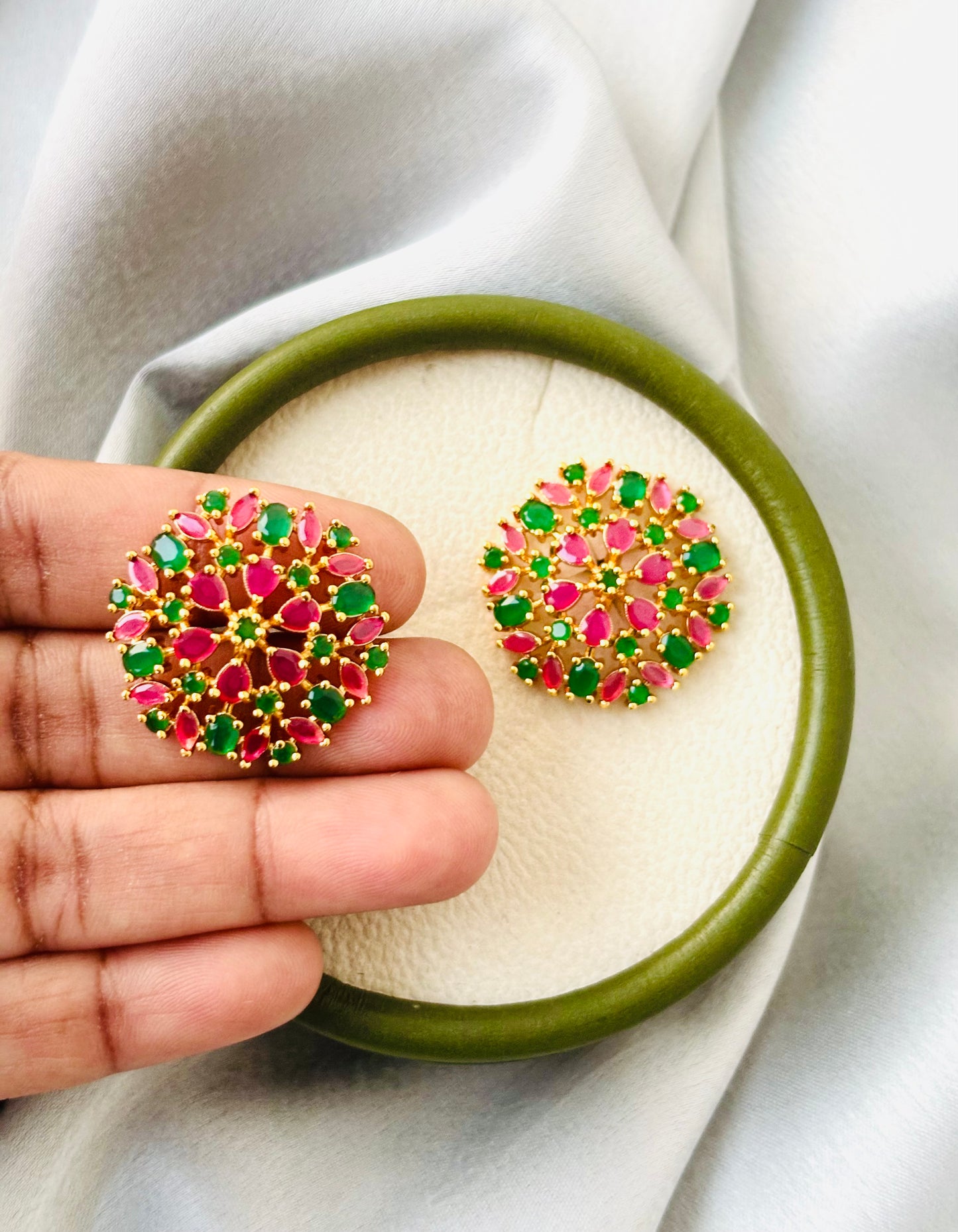 Gold Plated Pink and Green Stone Cluster Studs