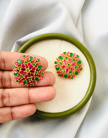 Gold Plated Pink and Green Stone Cluster Studs