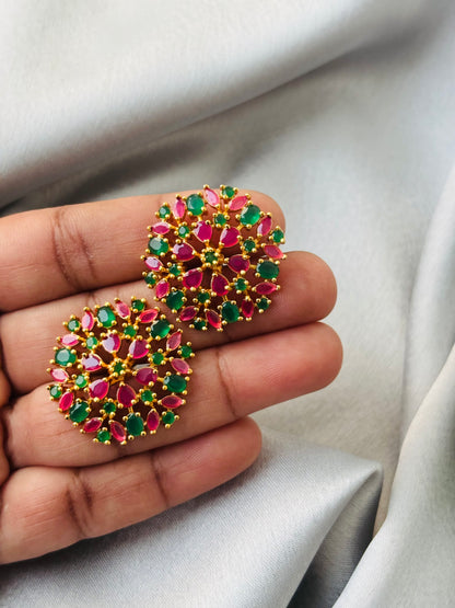 Gold Plated Pink and Green Stone Cluster Studs