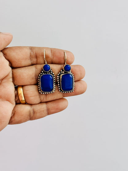 Handmade Blue Stone and Oxidized Silver Earrings