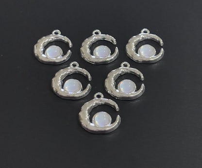 Two Pieces White Crescent Moon Charms with Iridescent Center