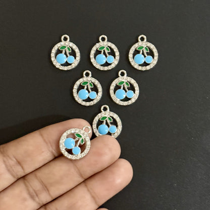 Two Pieces Blue Cherry Charms in Rhinestone Circle