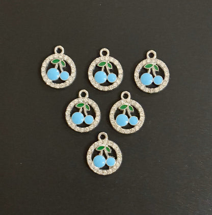 Two Pieces Blue Cherry Charms in Rhinestone Circle
