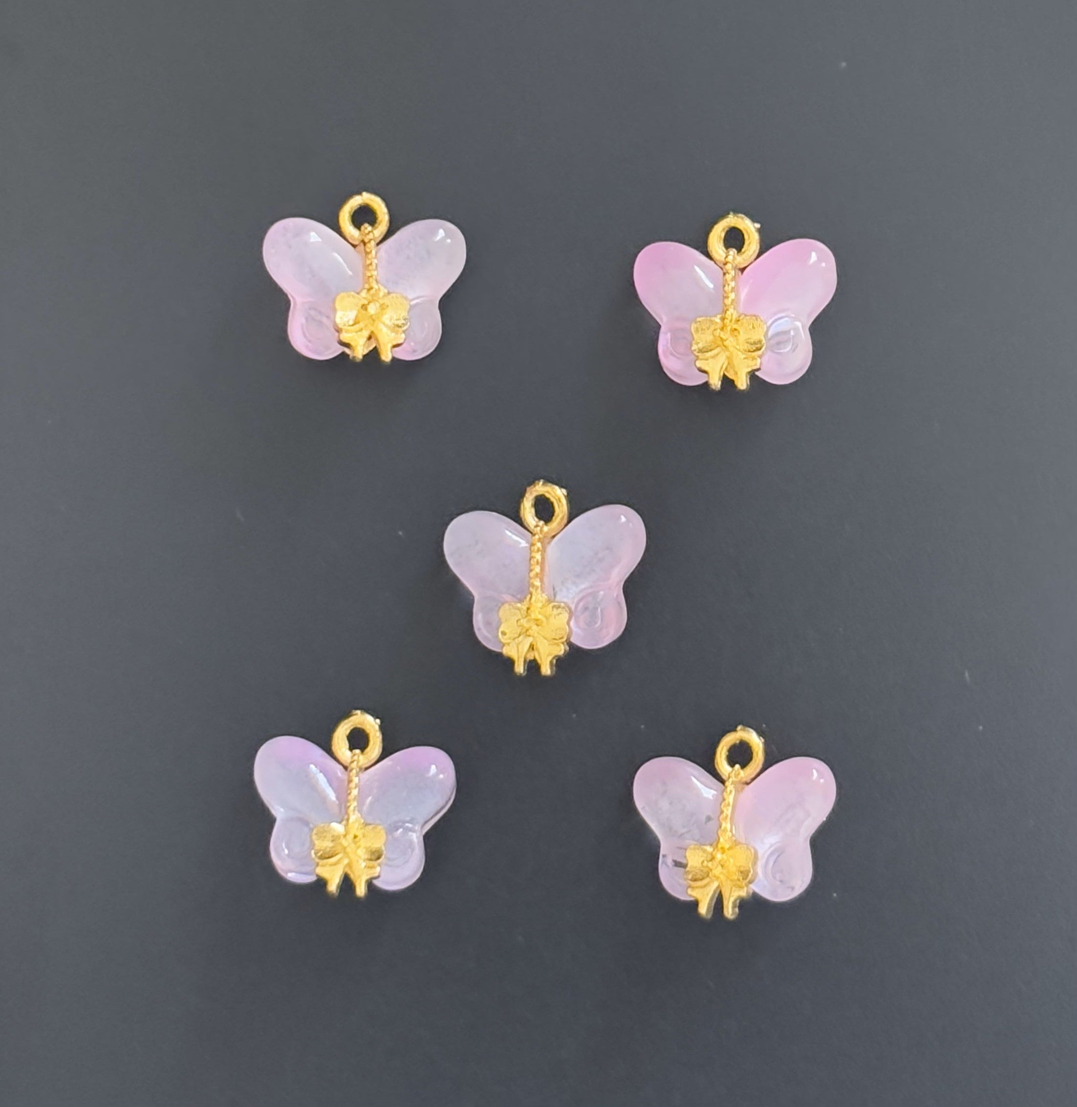 Two Pieces Iridescent Pink Butterfly Charms with Gold Trim