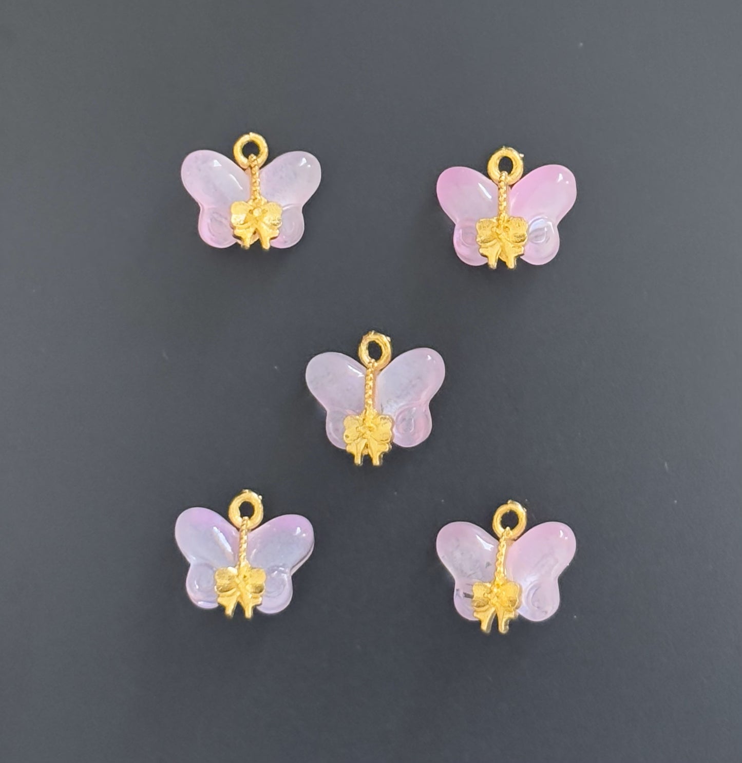 Two Pieces Iridescent Pink Butterfly Charms with Gold Trim